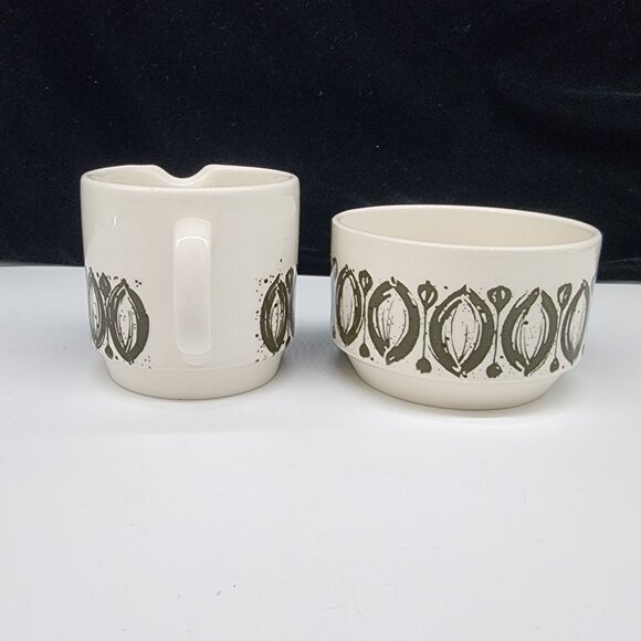 MCM Bilton England Cream and Sugar Bowl Ceramic White Green Ovals VTG - Picture 4 of 9